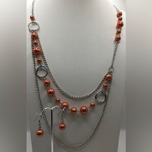 SILVERTONE PEACH CORAL BEADED CHAIN NECKLACE AND EARRINGS SET